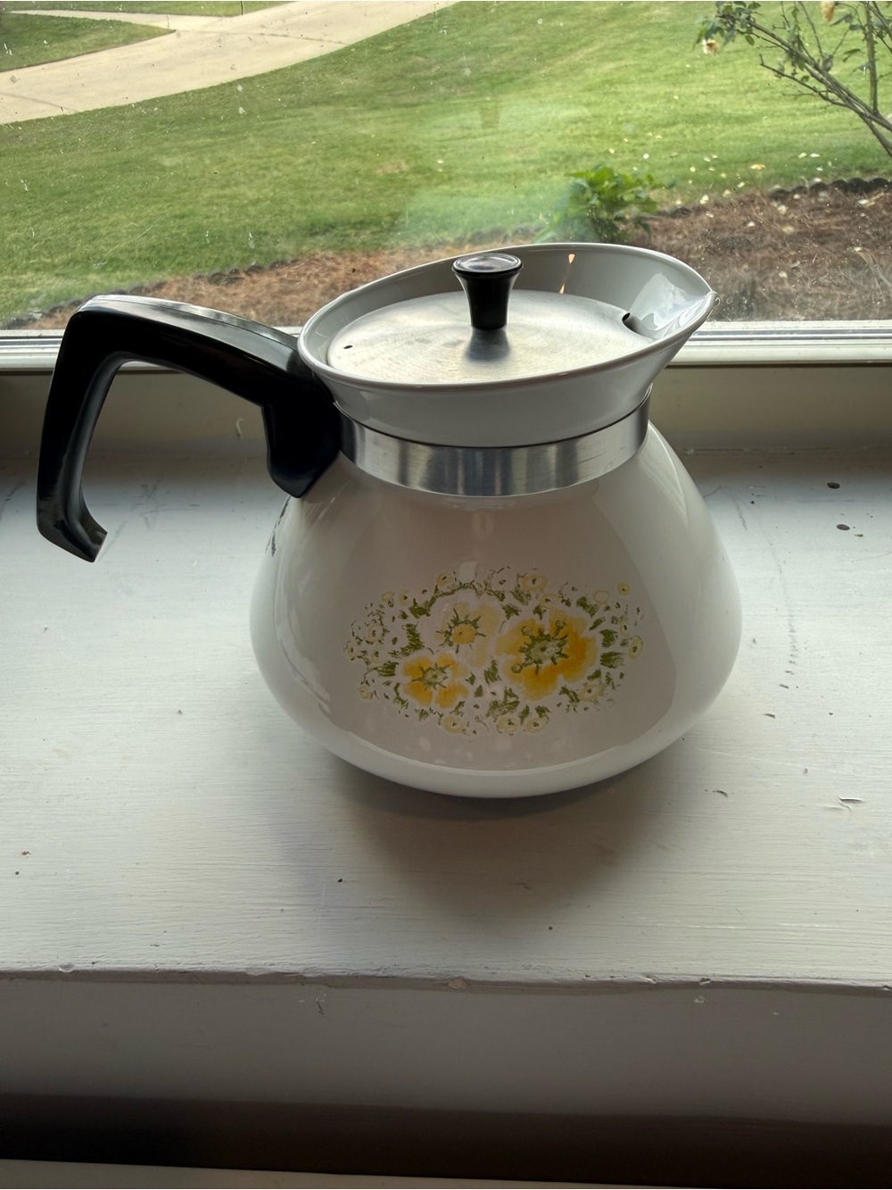 Corning Ware Stovetop Coffee Pot with Yellow Flower Accent